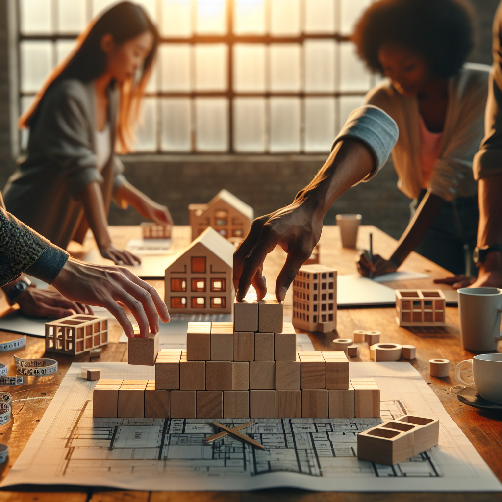 Besorgter Geschäftsmann vor fallenden Dominosteinen und Bürogebäuden, Symbol für Zombie-Unternehmen und Cashflow-Risiko