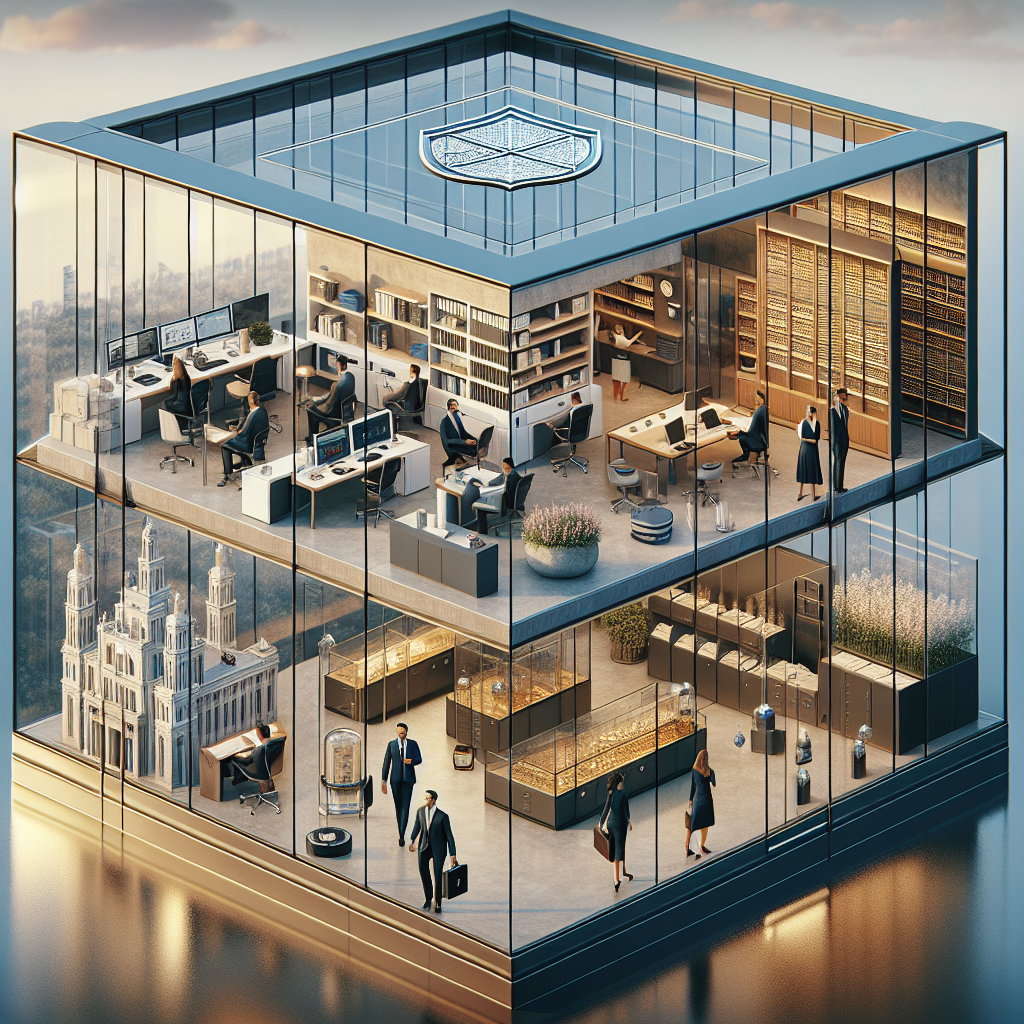 Laptopbildschirm zeigt Organigramm einer Holding-Struktur, Münzen und Notizen daneben