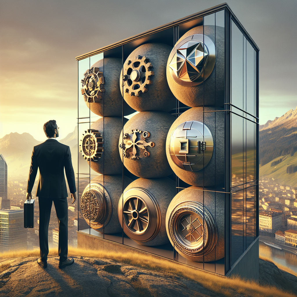 Grafik eines Hauses mit sechs Säulen, Schutzschild und Schweizer Flagge für Vermögensschutz