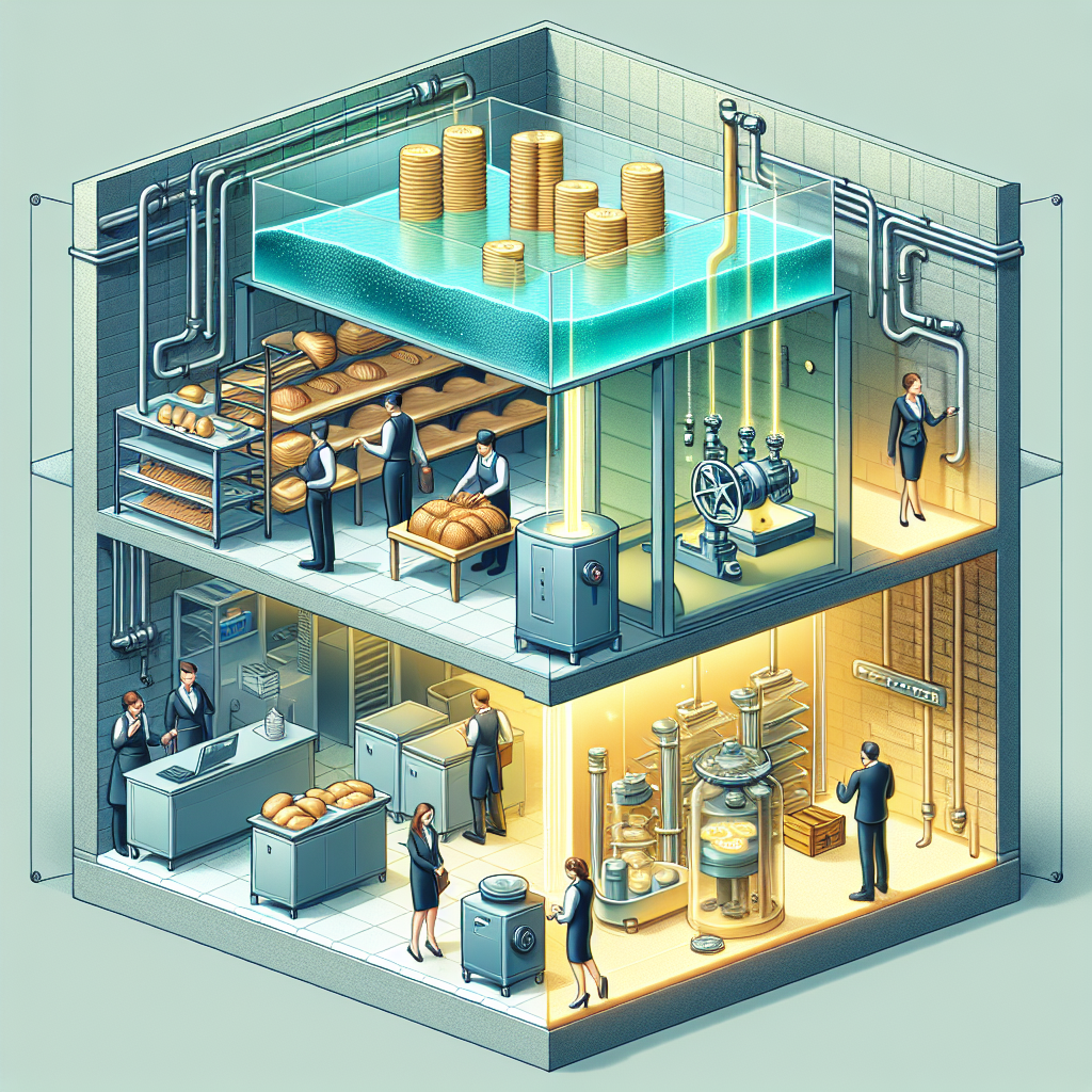 Schematische Darstellung: Holding über Tochtergesellschaften, Pfeile zeigen Geldflüsse und Münzstapel