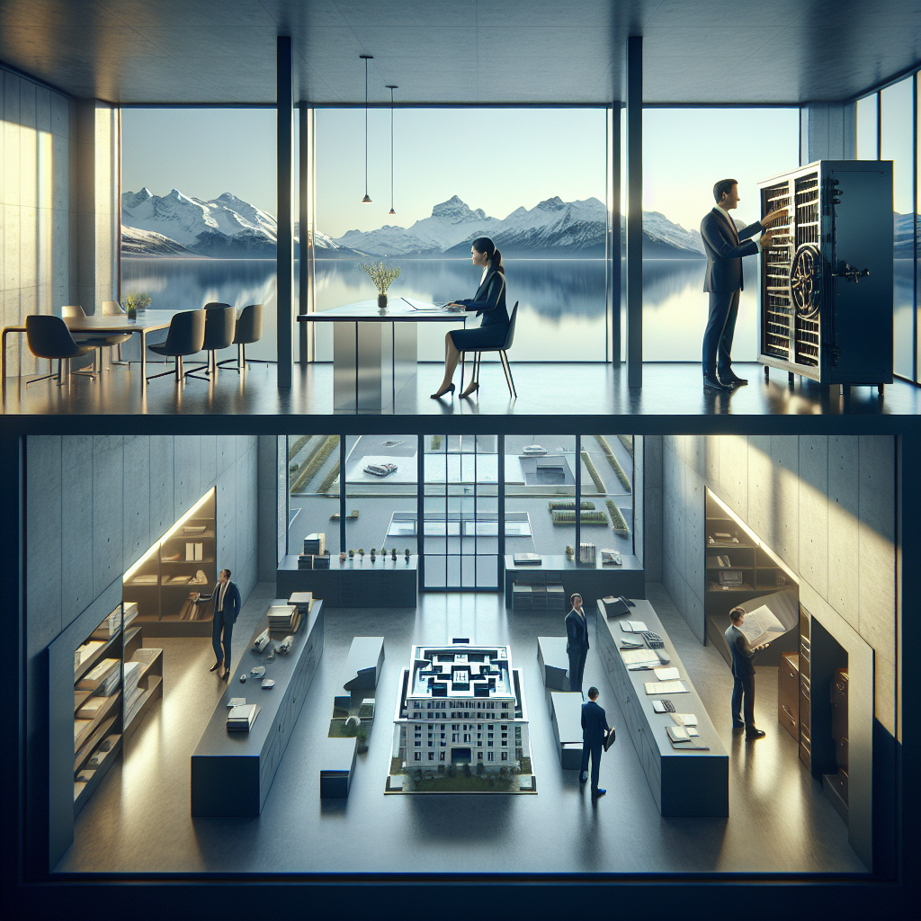 Infografik: Holding über operativer Firma, Tresor symbolisiert Vermögensschutz, Schweizer Flagge