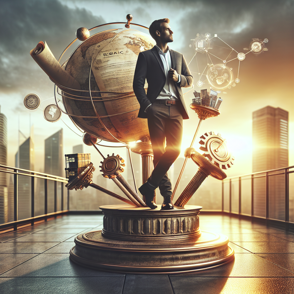 Geschäftsmann schaut auf Dreibein-Hocker mit Säulen Juristisch, Geografisch, Organisatorisch