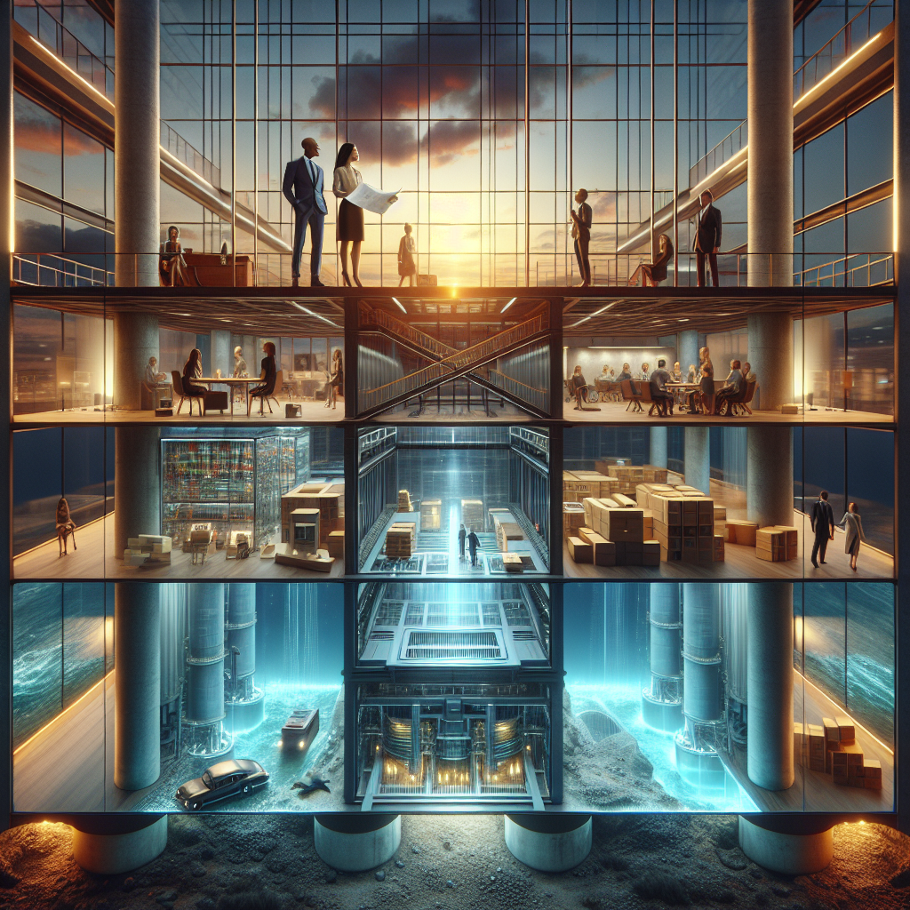 Geschäftsmann stapelt Holzklötze mit Beschriftungen Holding, Operativ und Vermögen