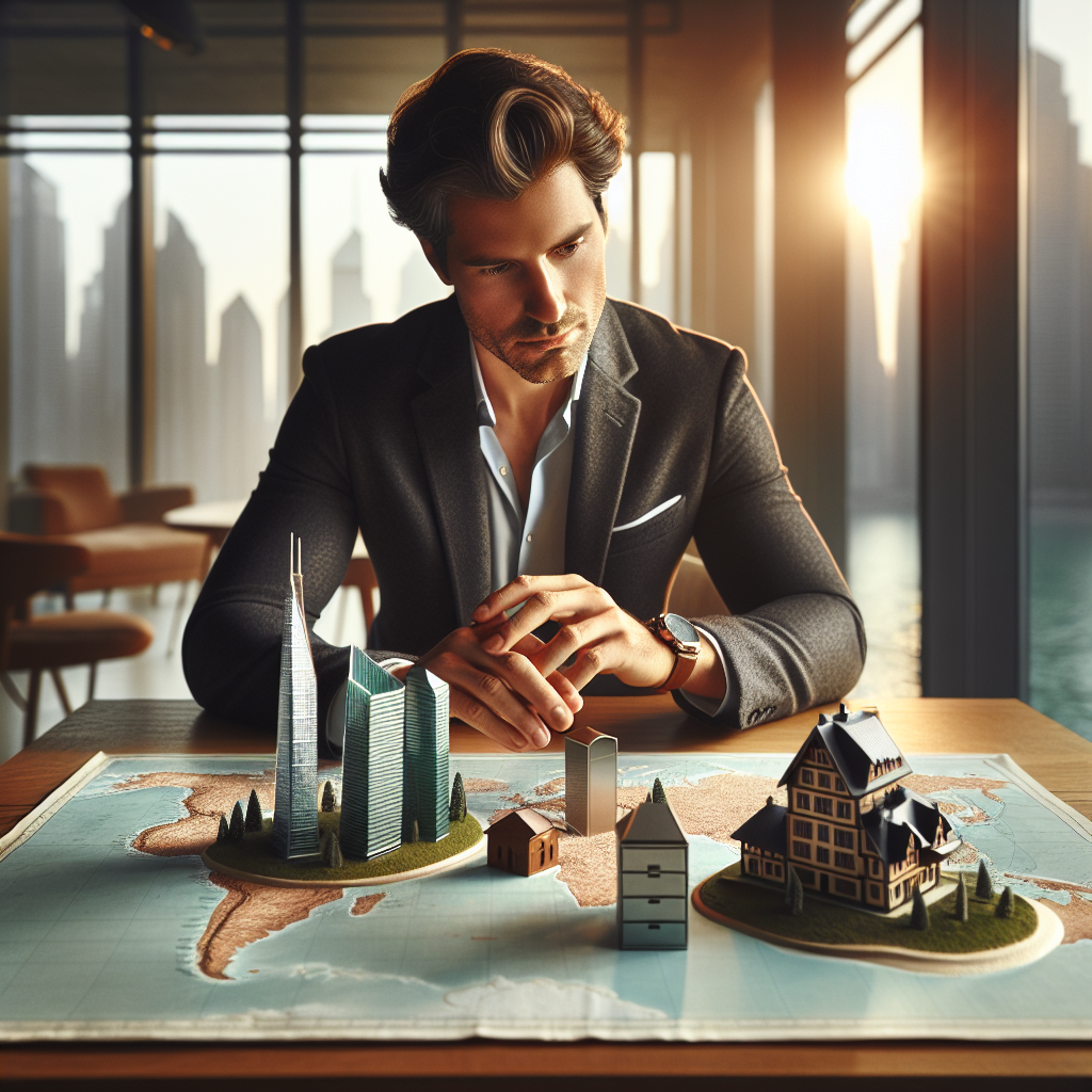 Geschäftsmann vor Weltkarte mit Schweiz-Kreuz, Dubai-Skyline und Nevis-Insel