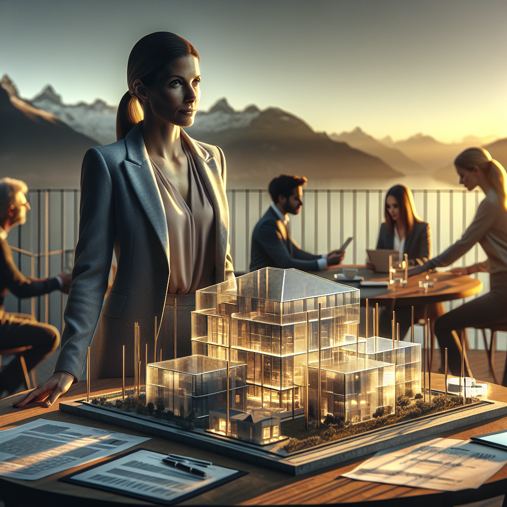 Laptop mit Organigramm, Finanzcharts und kleiner Schweizer Flagge auf Schreibtisch