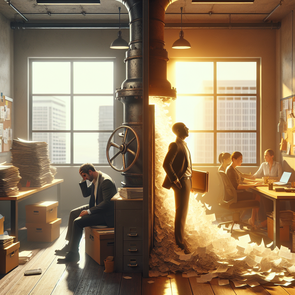 Unternehmer am Schreibtisch sortiert Akten neben offenem Laptop und mehreren Papierstapeln