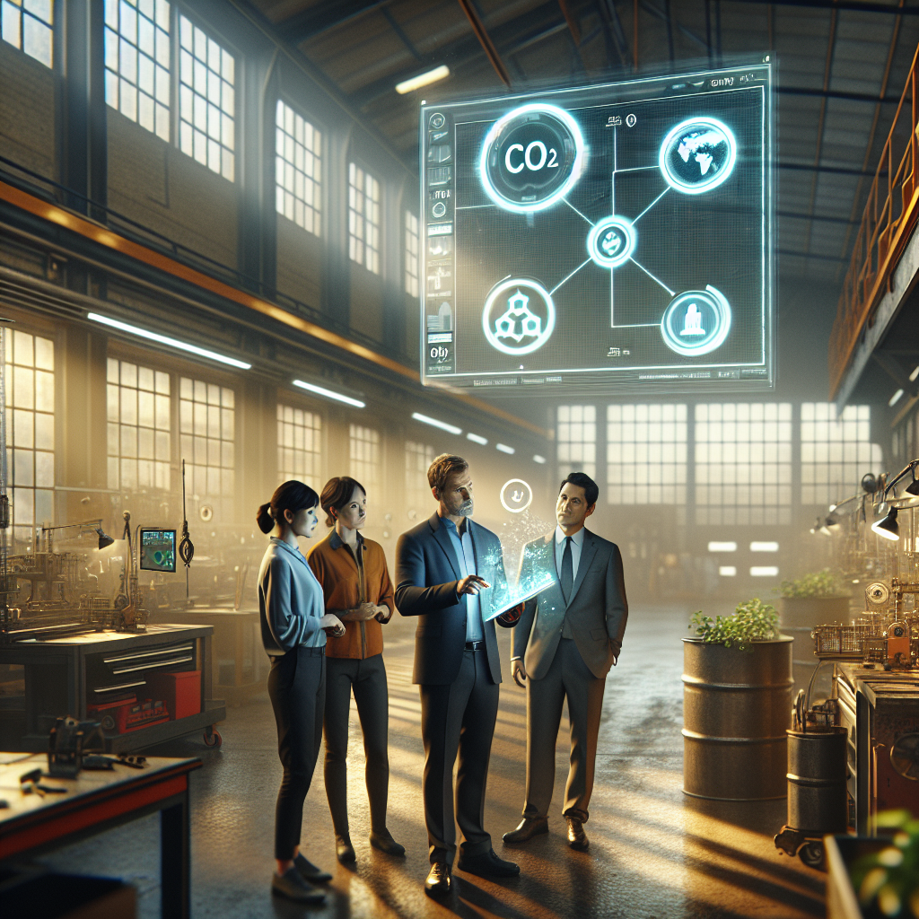 Laptop zeigt ESG-Dashboard mit CO2-Diagramm, Lieferketten-Icons und Compliance-Checkliste