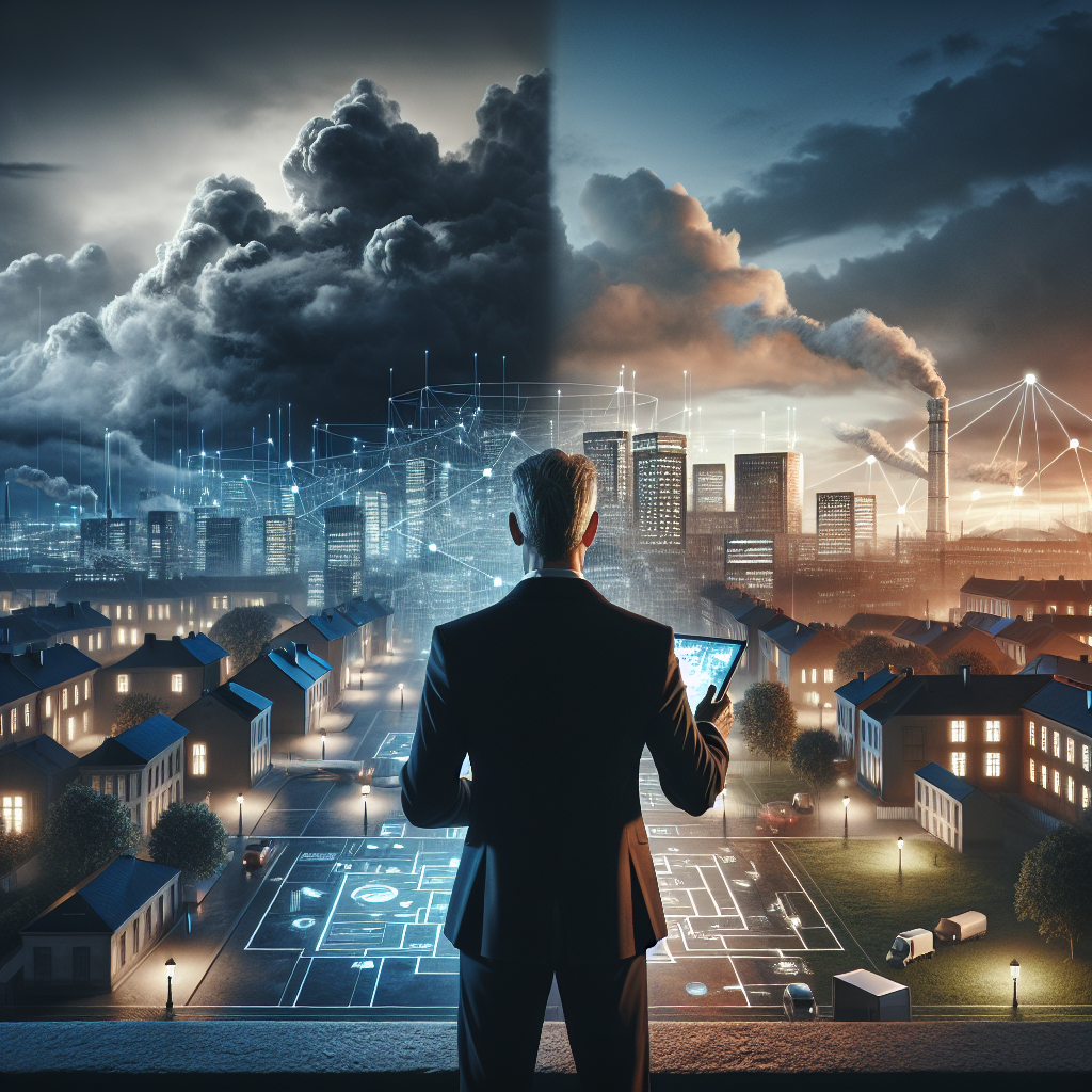 Geschäftsmann hält Schutzschild vor Miniaturfirmen und Haus auf Schreibtisch