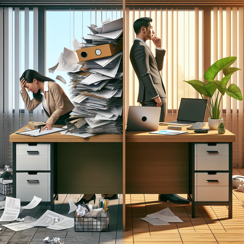 Moderner Schreibtisch mit Laptop und nur wenigen Aktenordnern