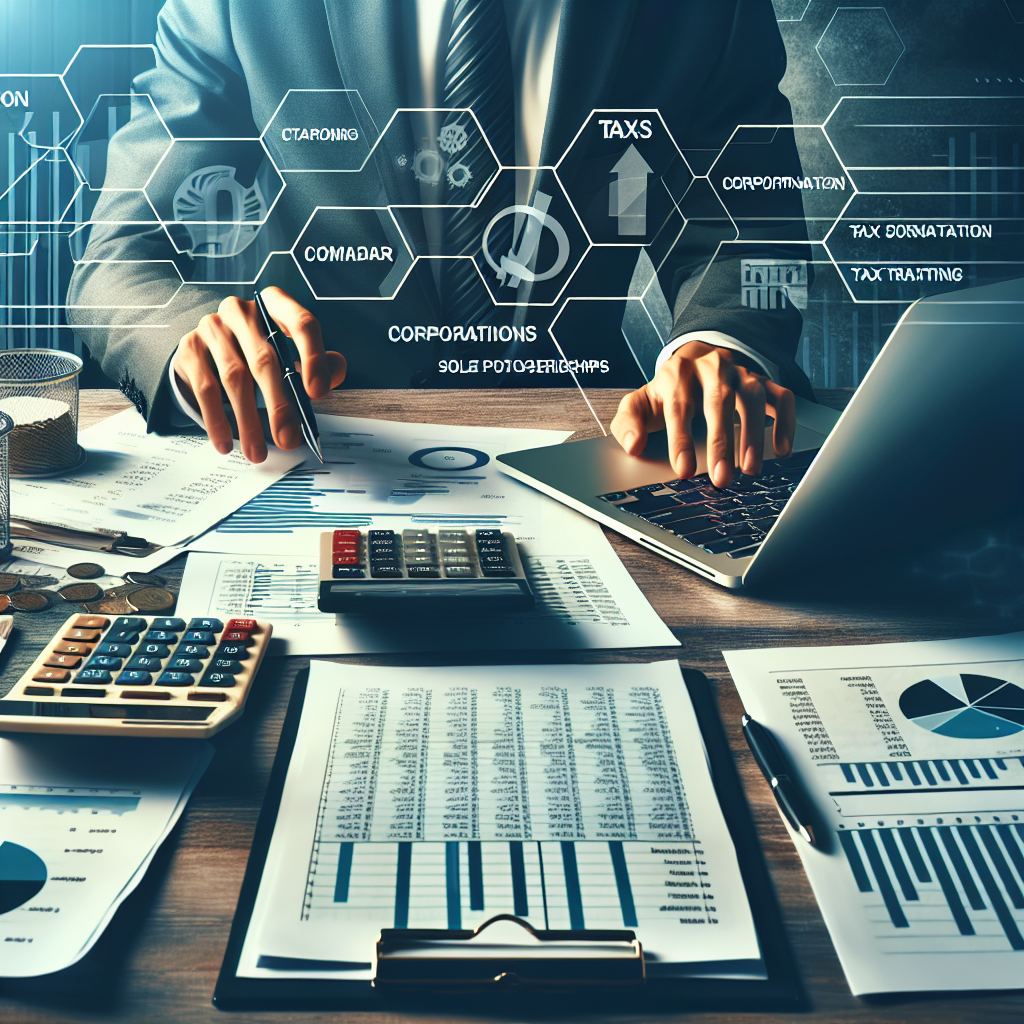 Unternehmer am Schreibtisch mit Laptop, Taschenrechner, Finanzdiagrammen und Steuerunterlagen