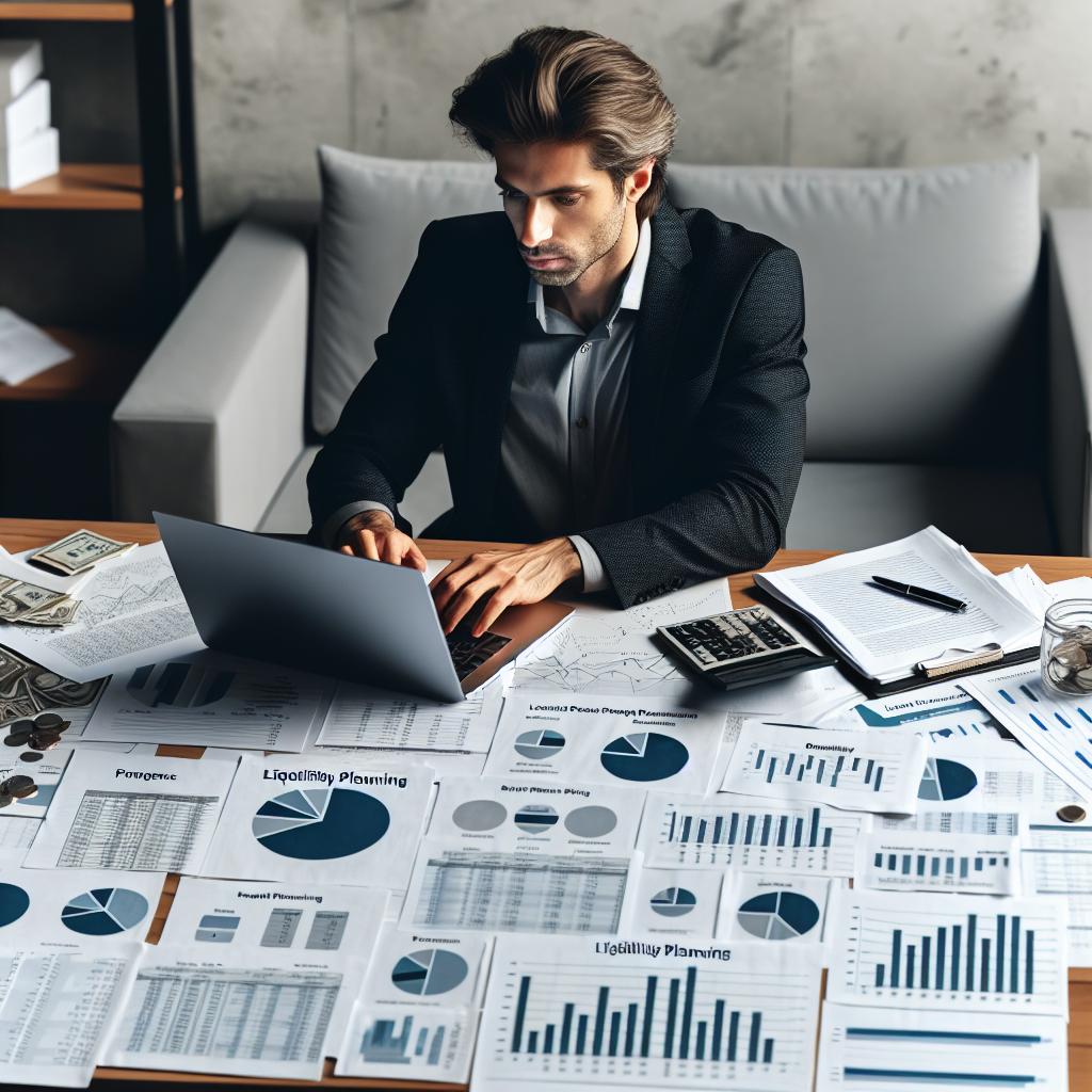 Unternehmer am Schreibtisch mit Laptop, Finanzunterlagen und Diagramm zur Liquiditätsplanung