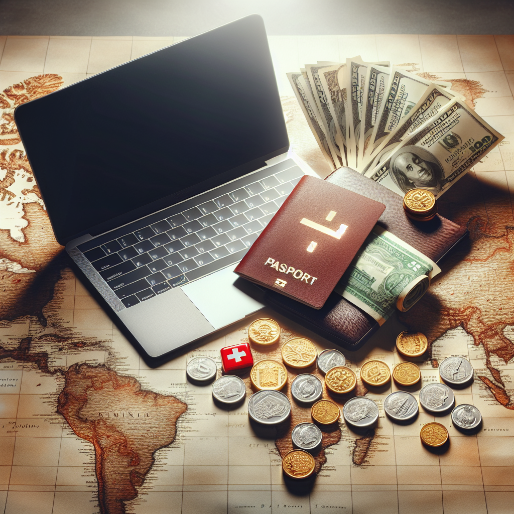 Laptop, Reisepass, Bargeld und Schweizer Münzen auf einer Weltkarte