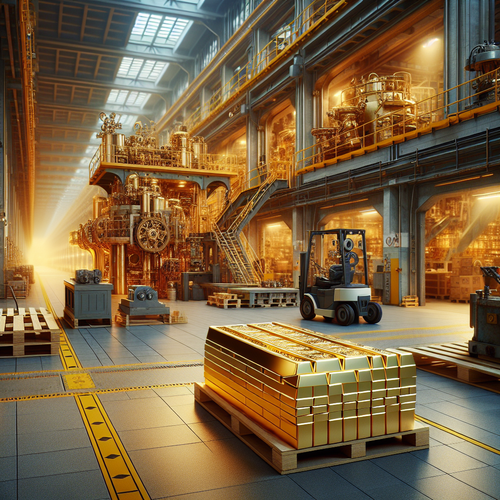 Innenansicht einer Fabrikhalle mit Maschinen, Paletten und einem Goldbarren im Vordergrund