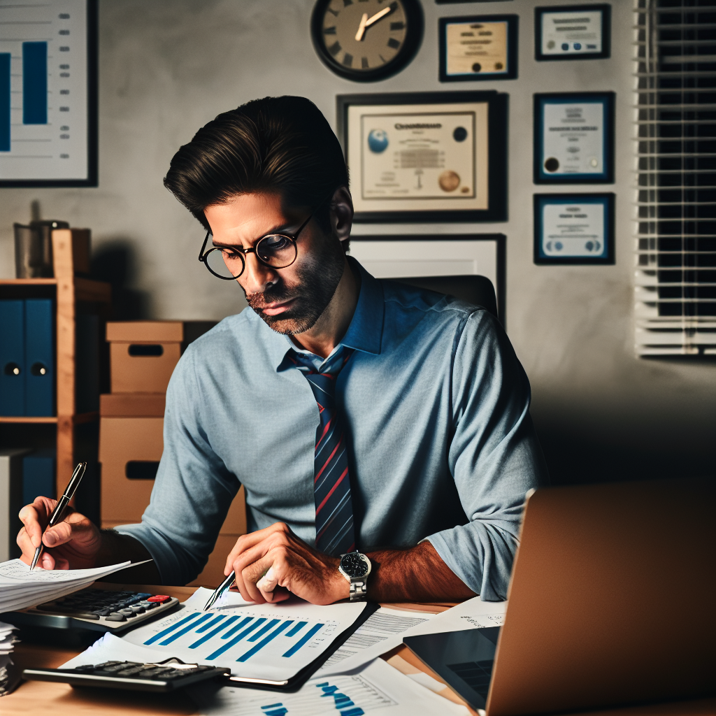 Unternehmer am Schreibtisch mit Laptop, Rechnungen, Taschenrechner und Cashflow-Diagramm