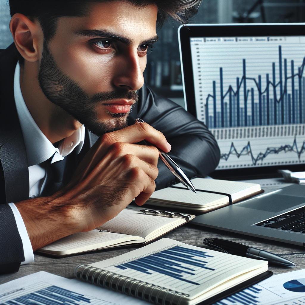 Unternehmer am Schreibtisch mit Laptop, Finanzdiagrammen, Notizbuch und Stift