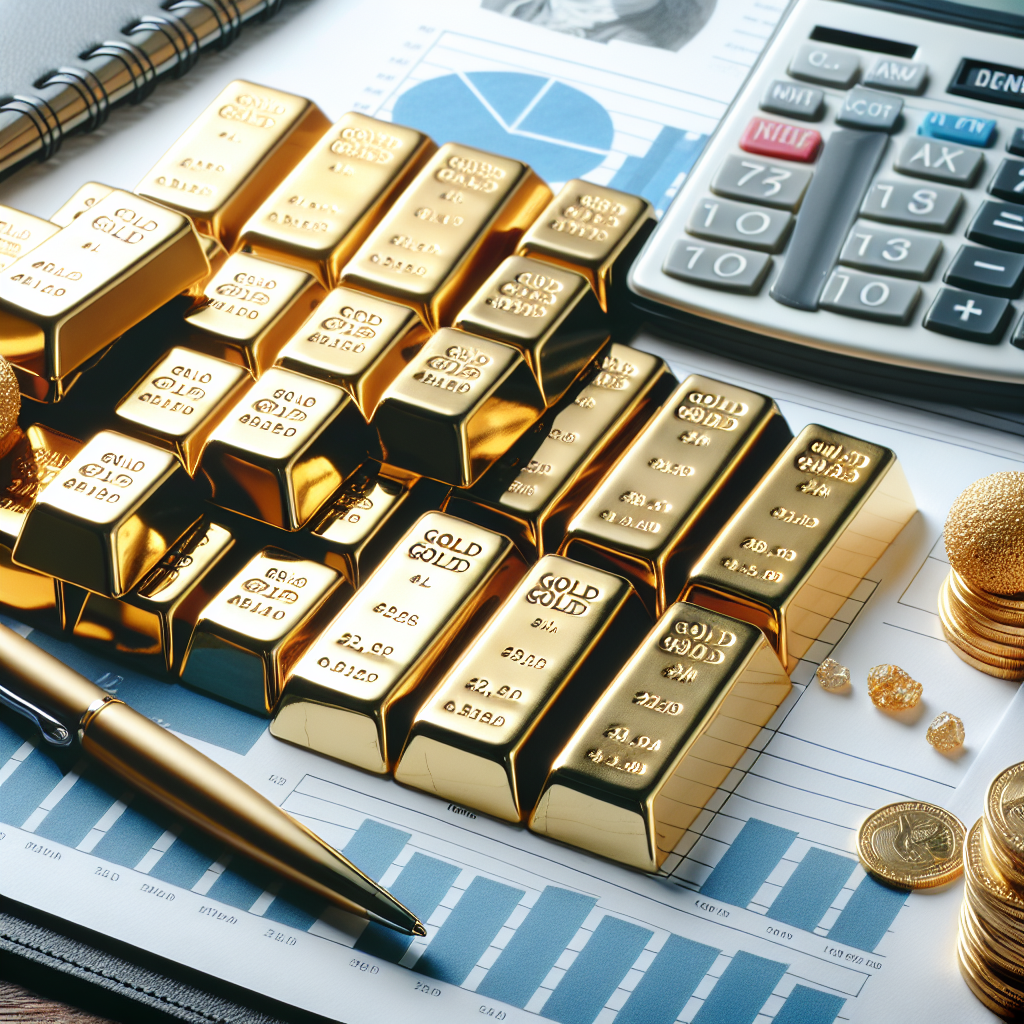 Mehrere Goldbarren liegen auf Vertragsunterlagen neben Taschenrechner und Stift