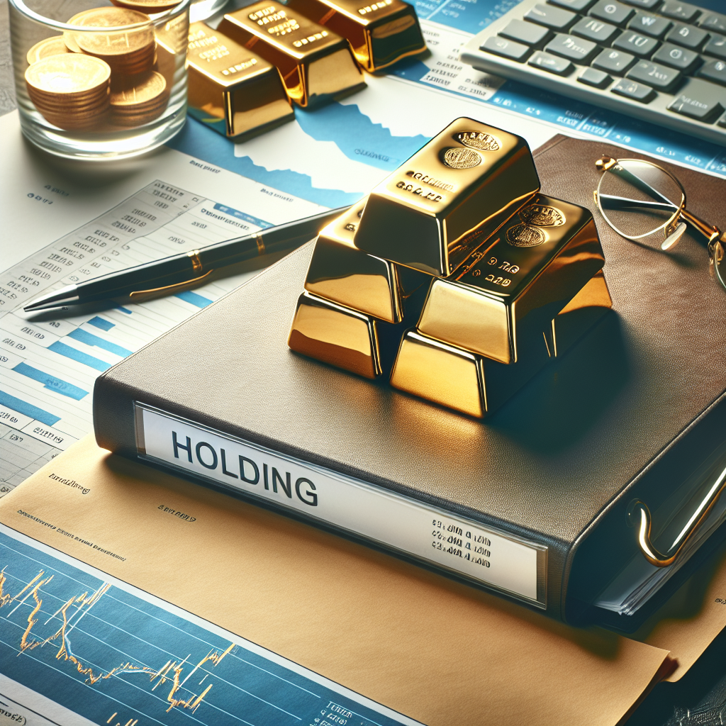 Goldbarren auf Schreibtisch neben Ordner mit Aufschrift Holding und Finanzdiagramm
