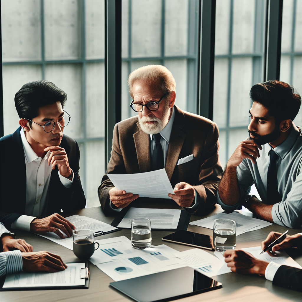 Älterer Unternehmer und Nachfolger besprechen Dokumente, Steuerberater erklärt Steuerschutzoptionen
