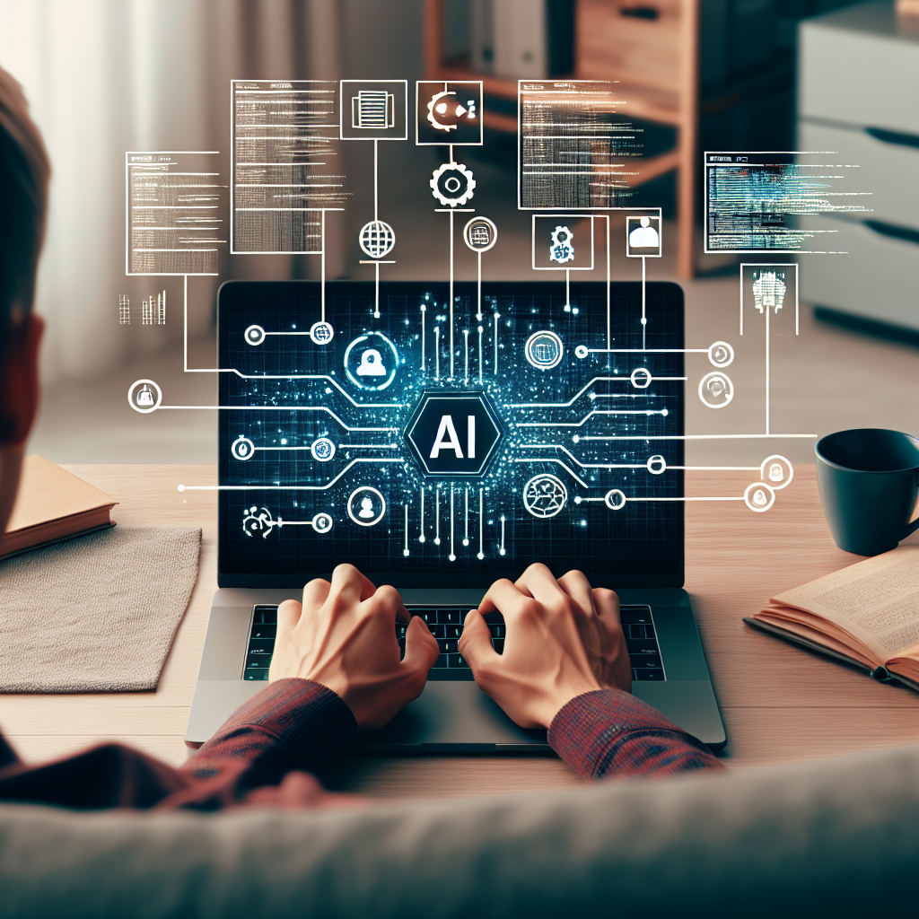 Person am Laptop mit Diagrammen, Logdateien und Sicherheits-Icons für KI-Pflichten