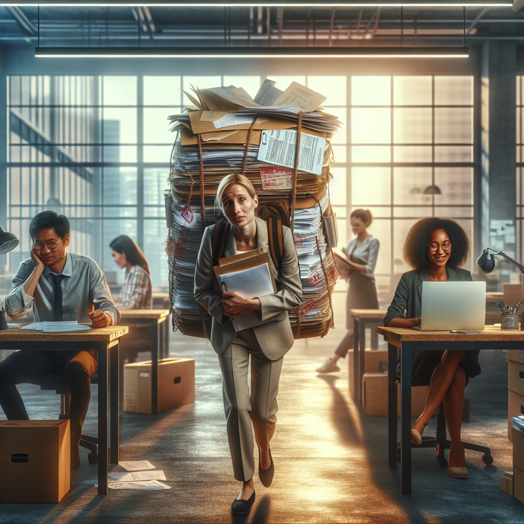 Unternehmer sitzt am Schreibtisch neben Laptop und hohen Papierstapeln, wirkt gestresst