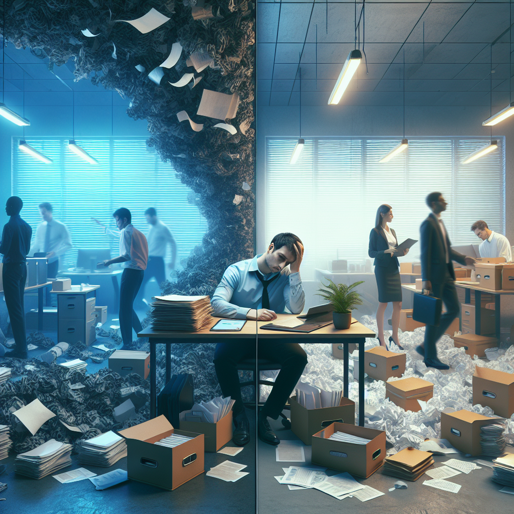 Gestresster Unternehmer am Schreibtisch, umgeben von Aktenstapeln und Laptop
