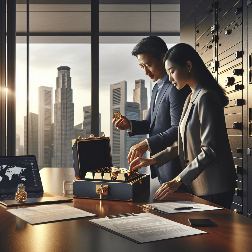 Notar unterschreibt Notarstiftung-Dokumente neben gestapelten Goldbarren und Weltkarte