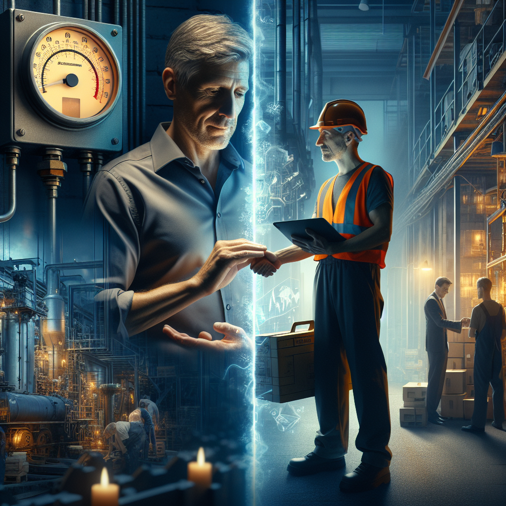 Industrielle Produktionshalle mit Energiemessgerät, Laptop und Papiervertrag über Outsourcing