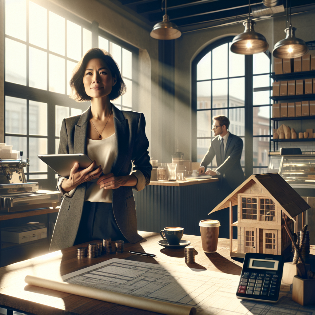 Unternehmer am Schreibtisch mit Laptop, Diagrammen, Taschenrechner und Steuerunterlagen zur Cashflow-Analyse