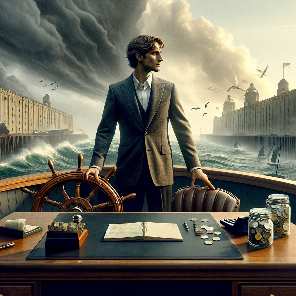 Unternehmer am Schreibtisch mit Laptop, Steuerunterlagen und Diagrammen zur Liquiditätsplanung