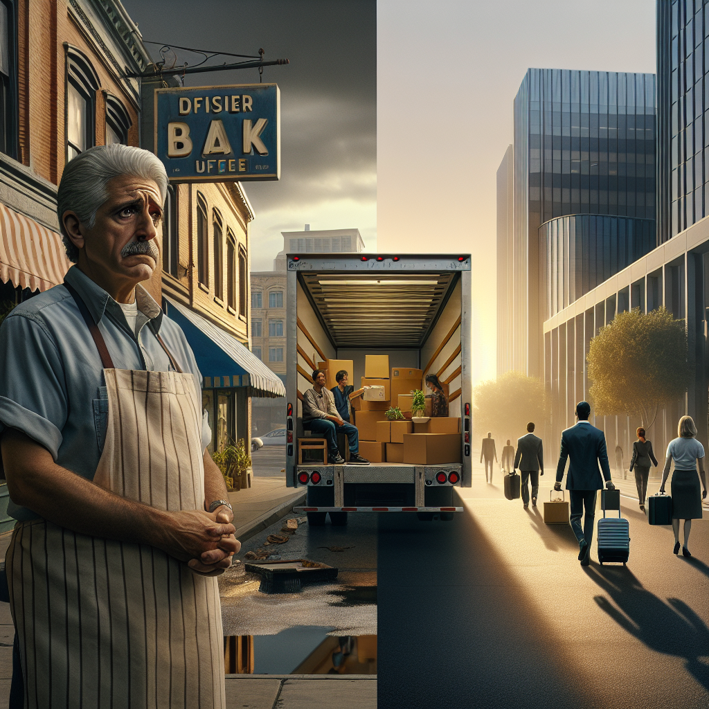 Umzugskartons vor Firmengebäude, Pfeil zeigt zum neuen Standort