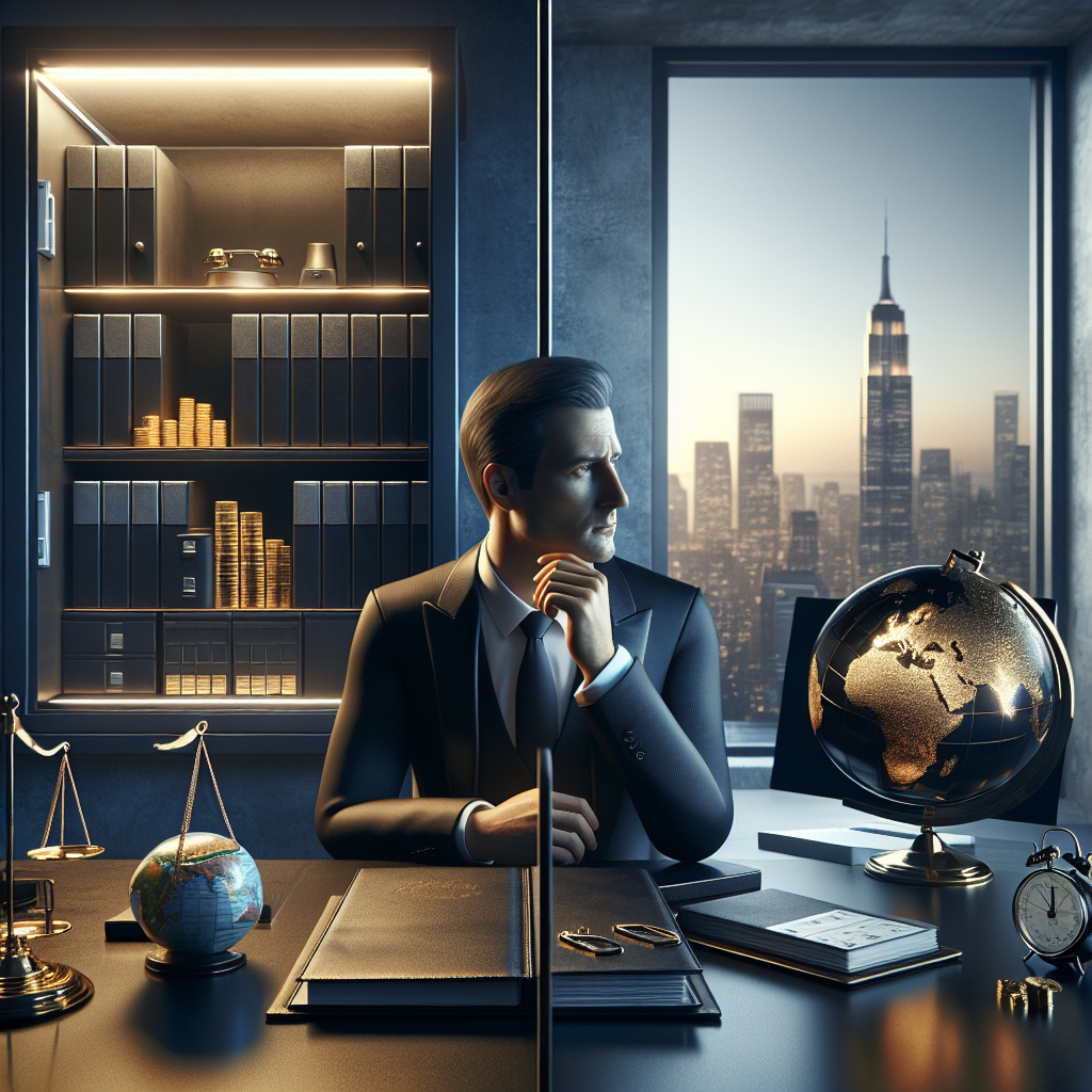 Geschäftsmann am Schreibtisch mit Goldbarren, Verträgen und Notiz ‚Plan B‘