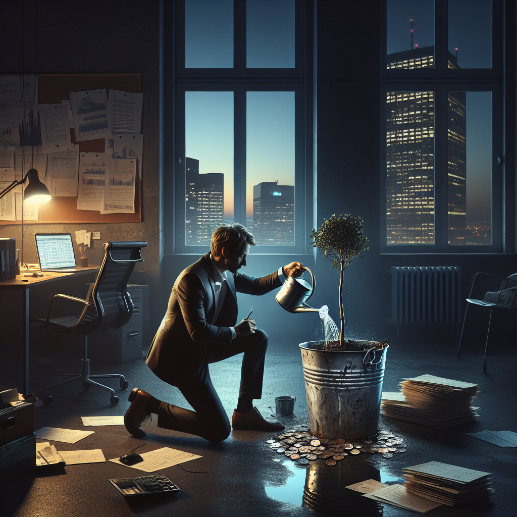 Unternehmer am Schreibtisch mit Steuerformularen, Taschenrechner und besorgtem Blick