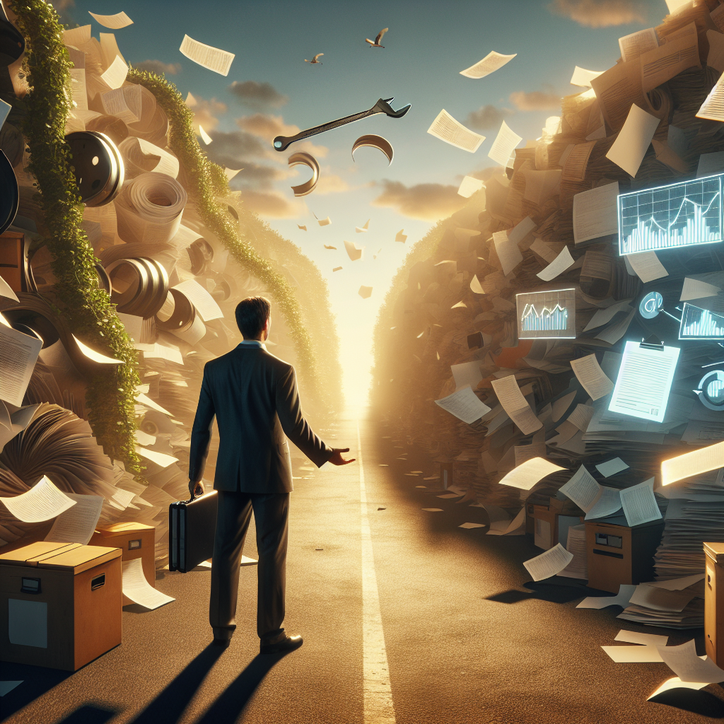 Kleiner Unternehmer am Schreibtisch mit Papierstapel und EU‑Flagge im Büro