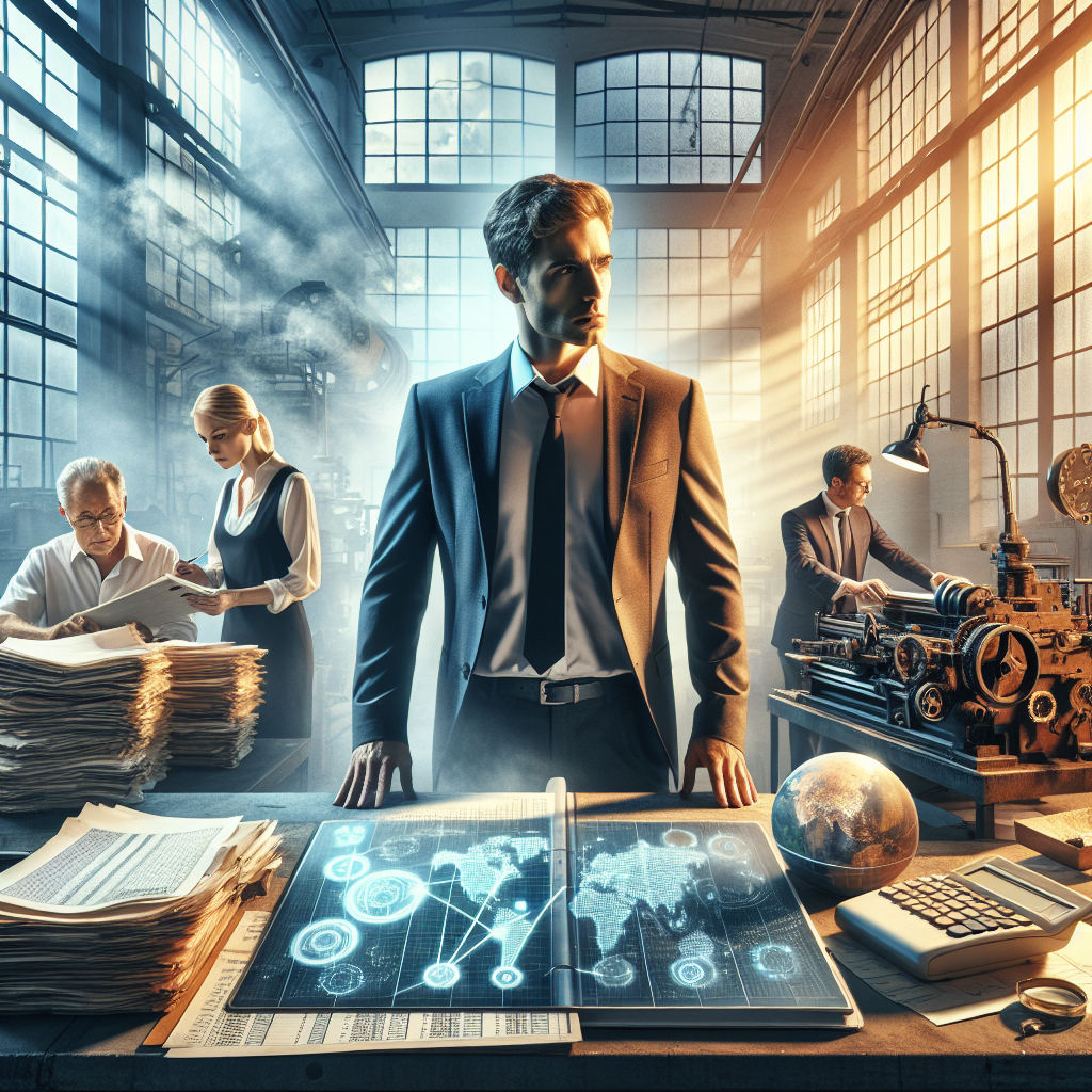 Unternehmer prüft Diagramm zu Holding und Auslandseinheiten, Laptop und Ordner sichtbar