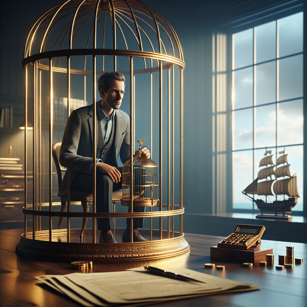 Ein goldener Käfig mit einem Unternehmer im Anzug, umgeben von Münzen und Steuerformularen