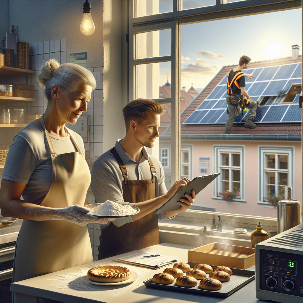 Geschäftsführer am Schreibtisch prüft Strom- und Gasrechnungen auf Laptop, Diagramme und Notizen sichtbar