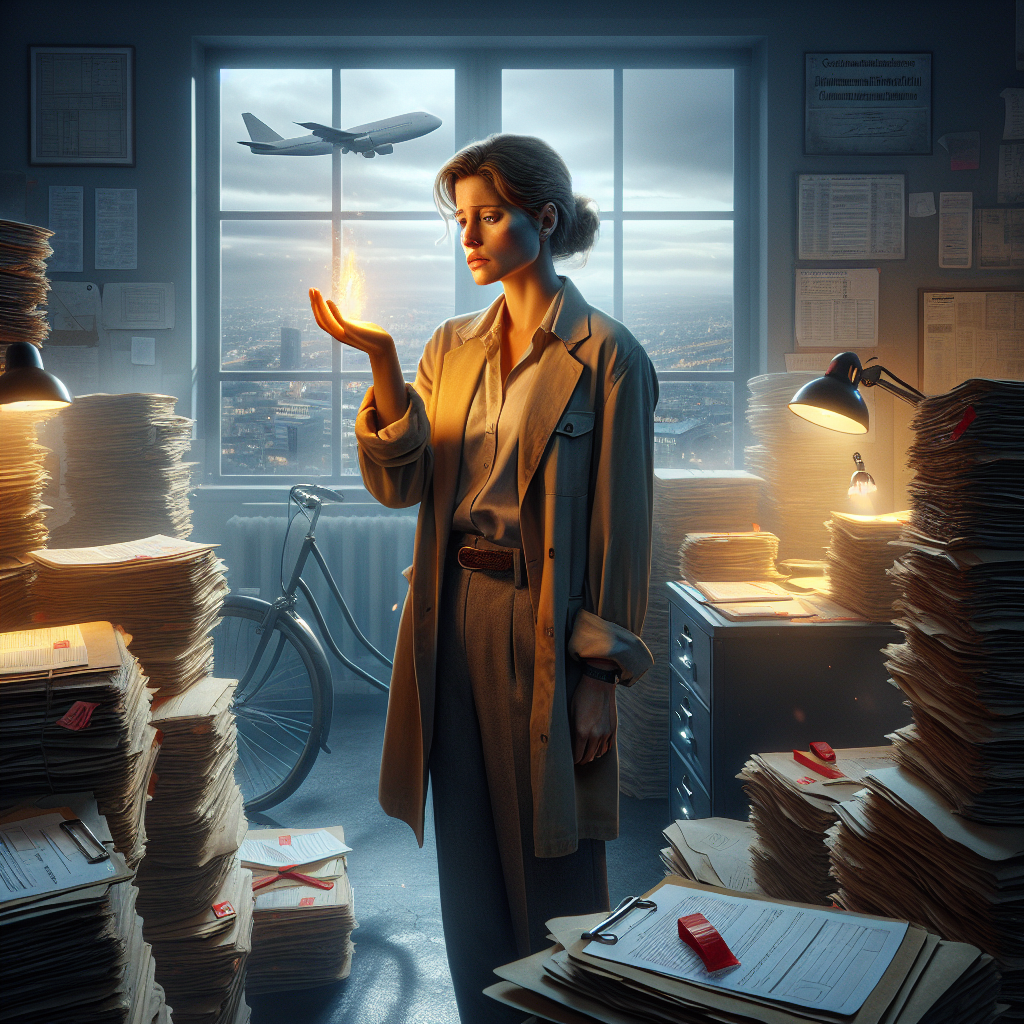 Unternehmerin am Schreibtisch, umgeben von Akten, Laptop und Steuerformularen, wirkt gestresst