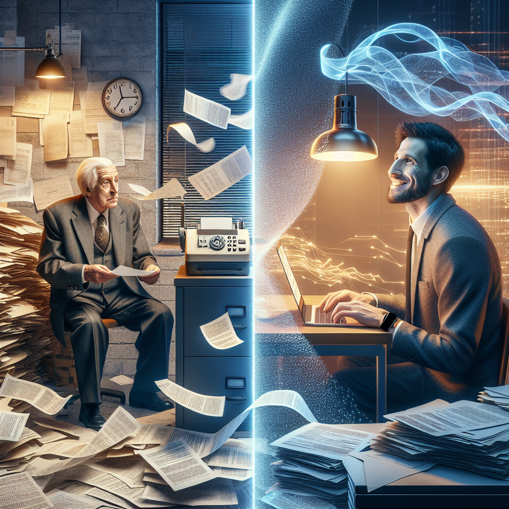 Laptop zeigt ein Behördenportal, daneben Faxgerät und Papierstapel mit Formularen