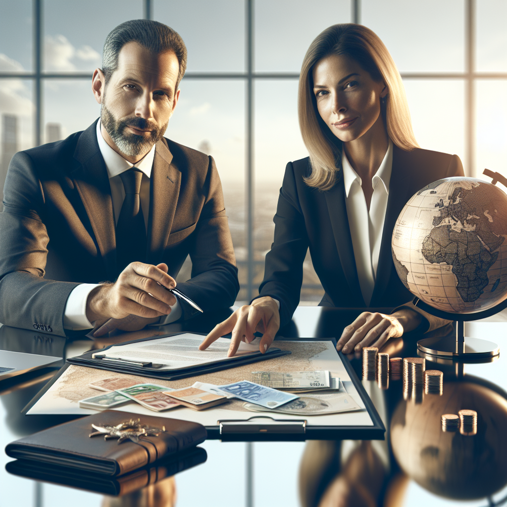 Globuskugel neben Laptop und Aktenordnern auf Holztisch