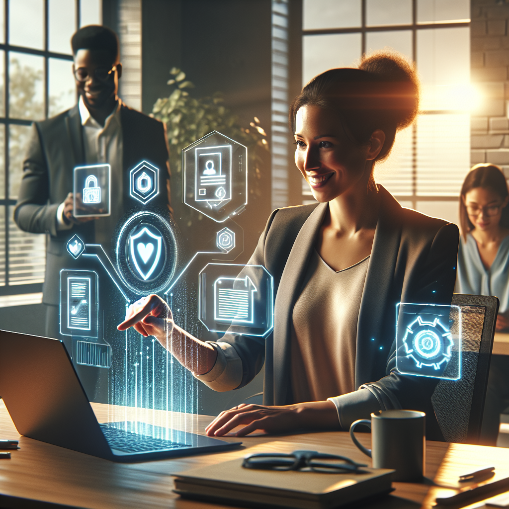 Laptopbildschirm mit Compliance-Dashboard, Diagrammen, Schloss-Icon und KI-Symbol