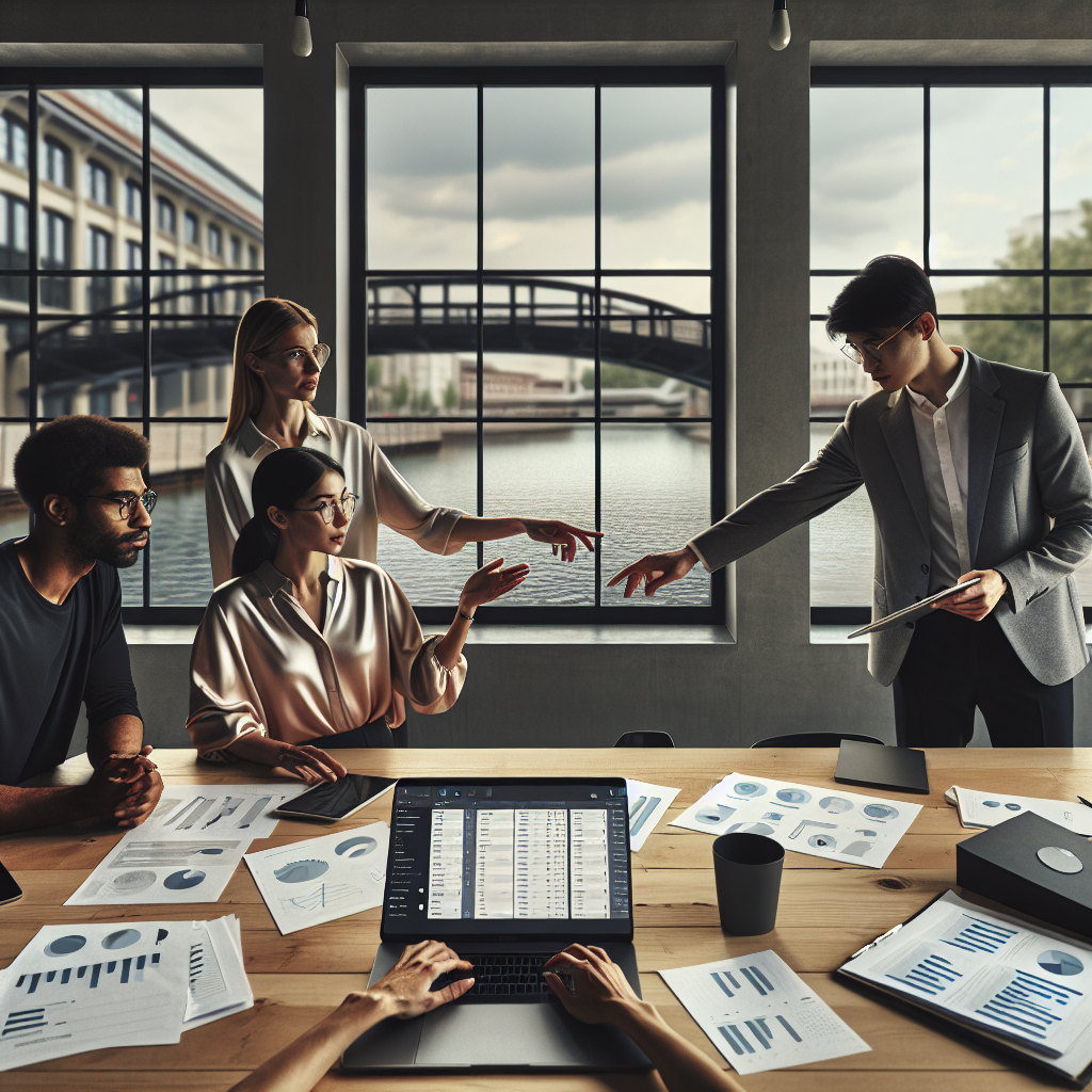 Schreibtisch mit Laptop, PDF-Belegen, farbigen Ordnern und Checkliste zur Fördermittelverwaltung