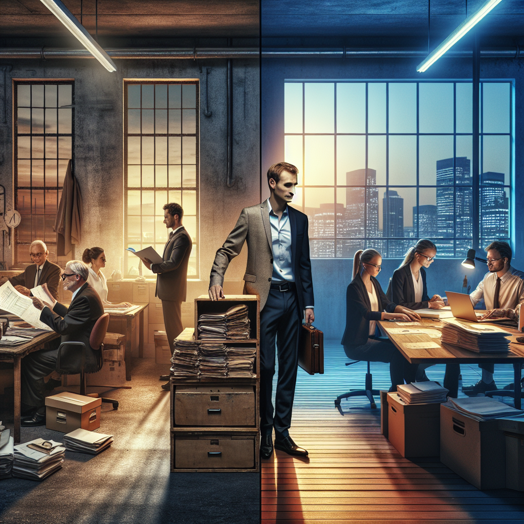 Unternehmer packt Akten in Kartons vor Büro, Laptop zeigt Steuerdiagramm