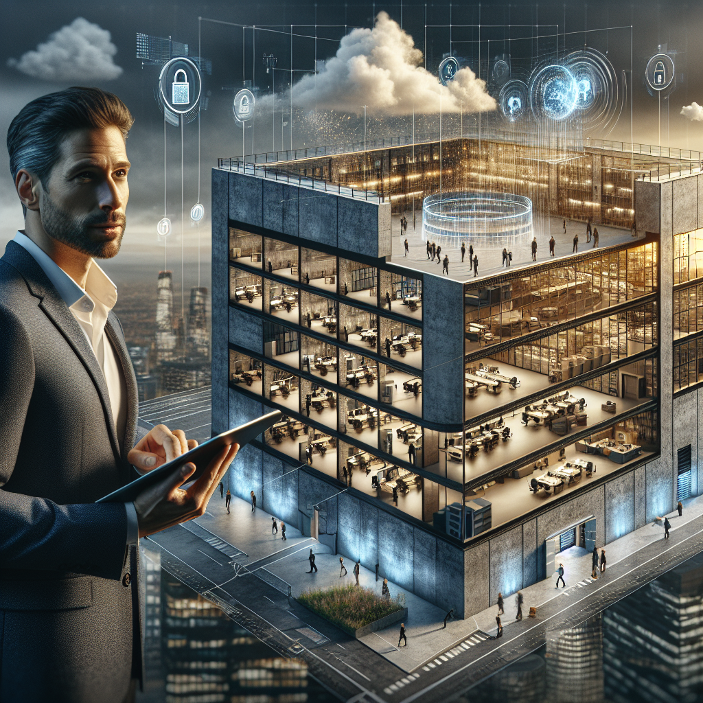 Schild mit der Aufschrift 'Eigentumsschutz' vor Bürogebäude und Dokumenten