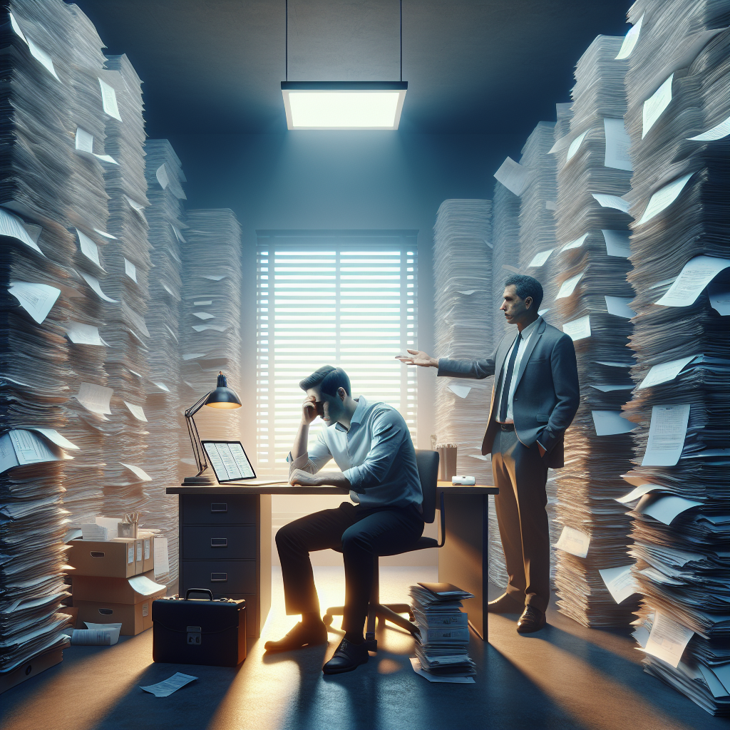 Unternehmer am Schreibtisch mit Steuerformularen, Laptop und Taschenrechner, arbeitet an Buchhaltung