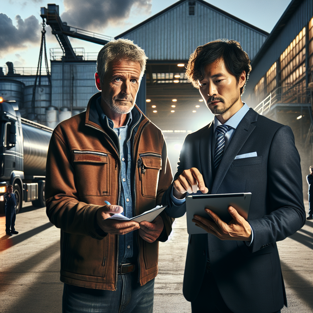 Mittelständischer Unternehmer überprüft Dokumente vor Produktionshalle mit Laptop, Kalkulation wegen Vermögensteuer