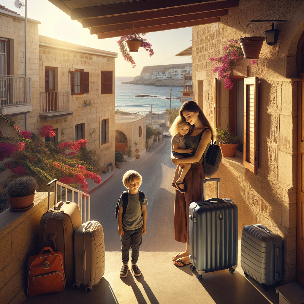 Mutter mit Kind und Koffern vor neuer Wohnung in Nordzypern