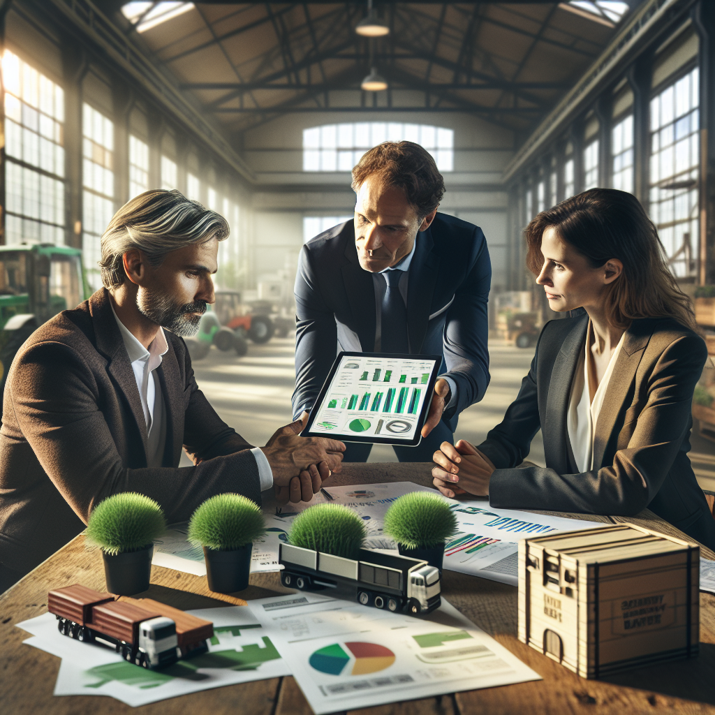 Unternehmer zeigt Bankberater Nachhaltigkeitsbericht mit Diagrammen und CSRD‑Dokumenten