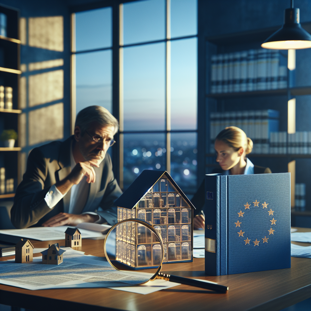 Hände halten Hausmodell und Eigentumsdokumente, EU-Flagge im Hintergrund