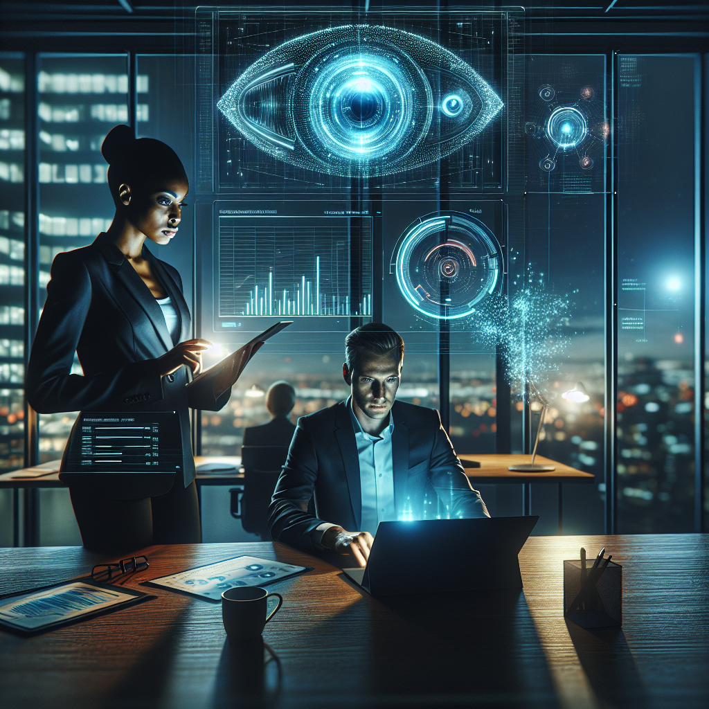 Laptop mit Finanzdiagrammen, digitales KI-Netzwerk-Overlay und Uhrsymbol für Überwachung rund um die Uhr