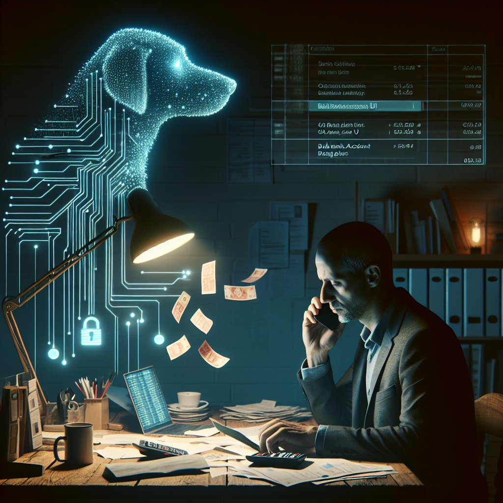 Laptopbildschirm zeigt markierte Banktransaktionen und stilisiertes KI-Schaltkreissymbol